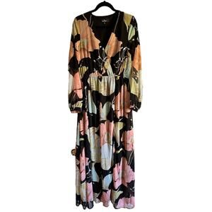 Lulu’s Wondrous Water Lilies Dress Long Sleeved Chiffon w/ Slit size Large